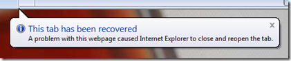 This tab has been recovered. A problem with this webpage caused Internet Explorer to close and reopen the tab.